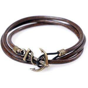 Handmade Genuine Leather Wrap Bracelet for Mens - Metal Anchor Hook Mens